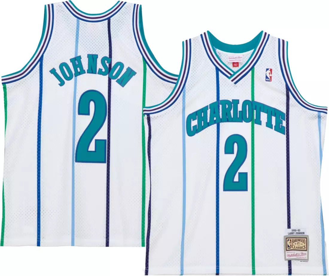 Men's Mitchell & Ness Larry Johnson Charlotte Hornets White 1992-93 Hardwood Classics Swingman Jersey - image 1