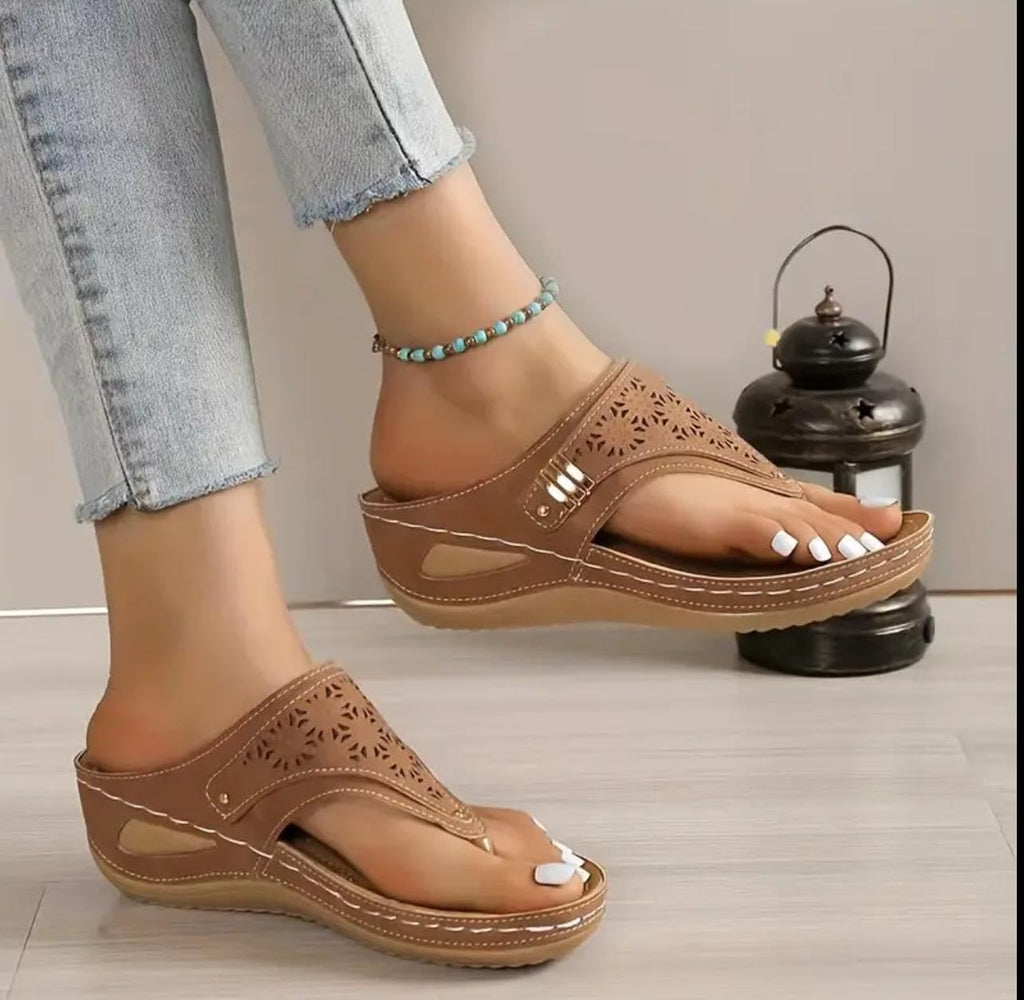 Buckle-Accent Thong Wedge Sandals — view 6