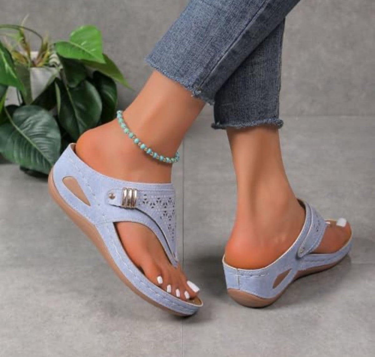 Buckle-Accent Thong Wedge Sandals — view 47