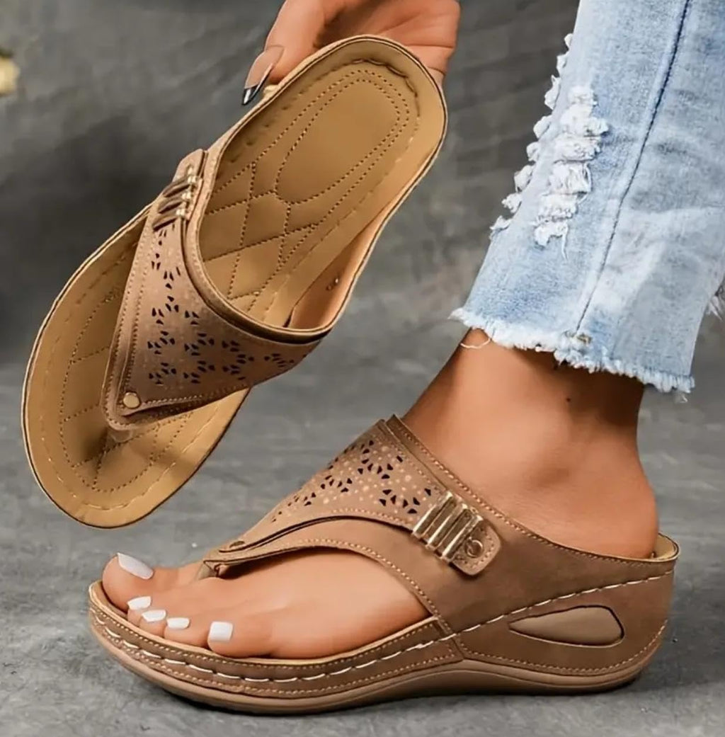 Buckle-Accent Thong Wedge Sandals — view 7