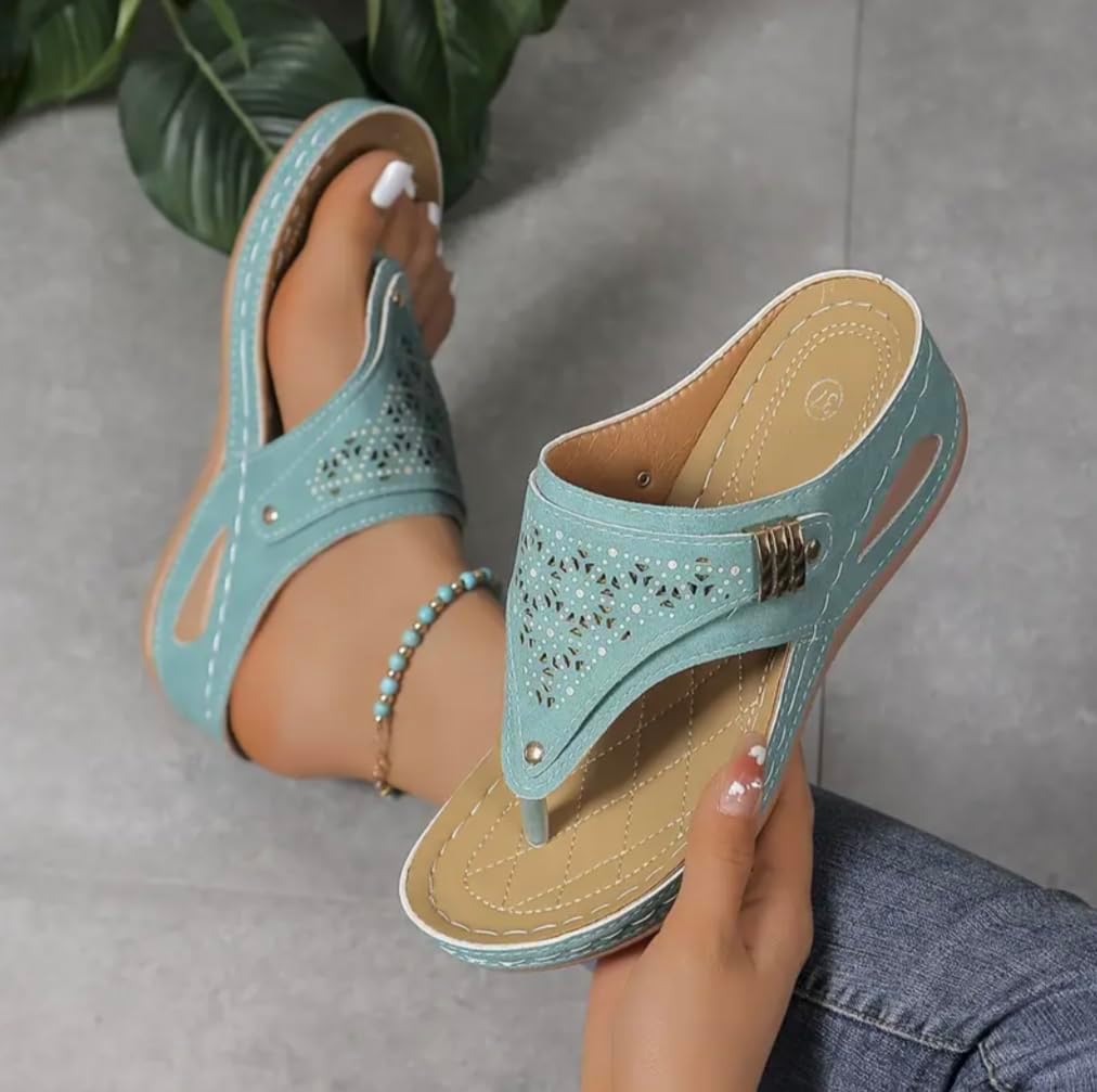 Buckle-Accent Thong Wedge Sandals — view 9