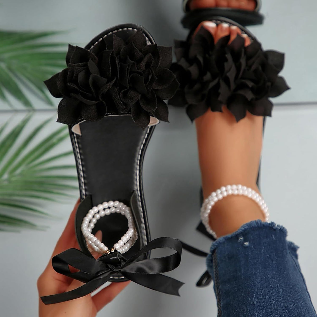 Floral Pearl-Accent Flat Sandals — view 15