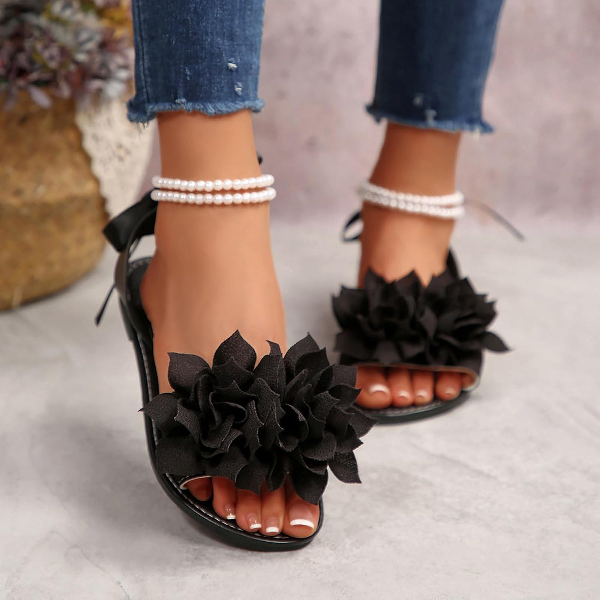 Floral Pearl-Accent Flat Sandals — view 17