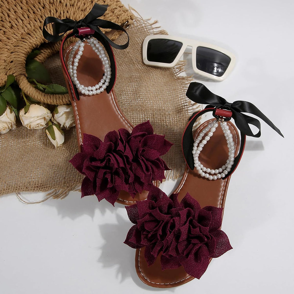 Floral Pearl-Accent Flat Sandals — view 5