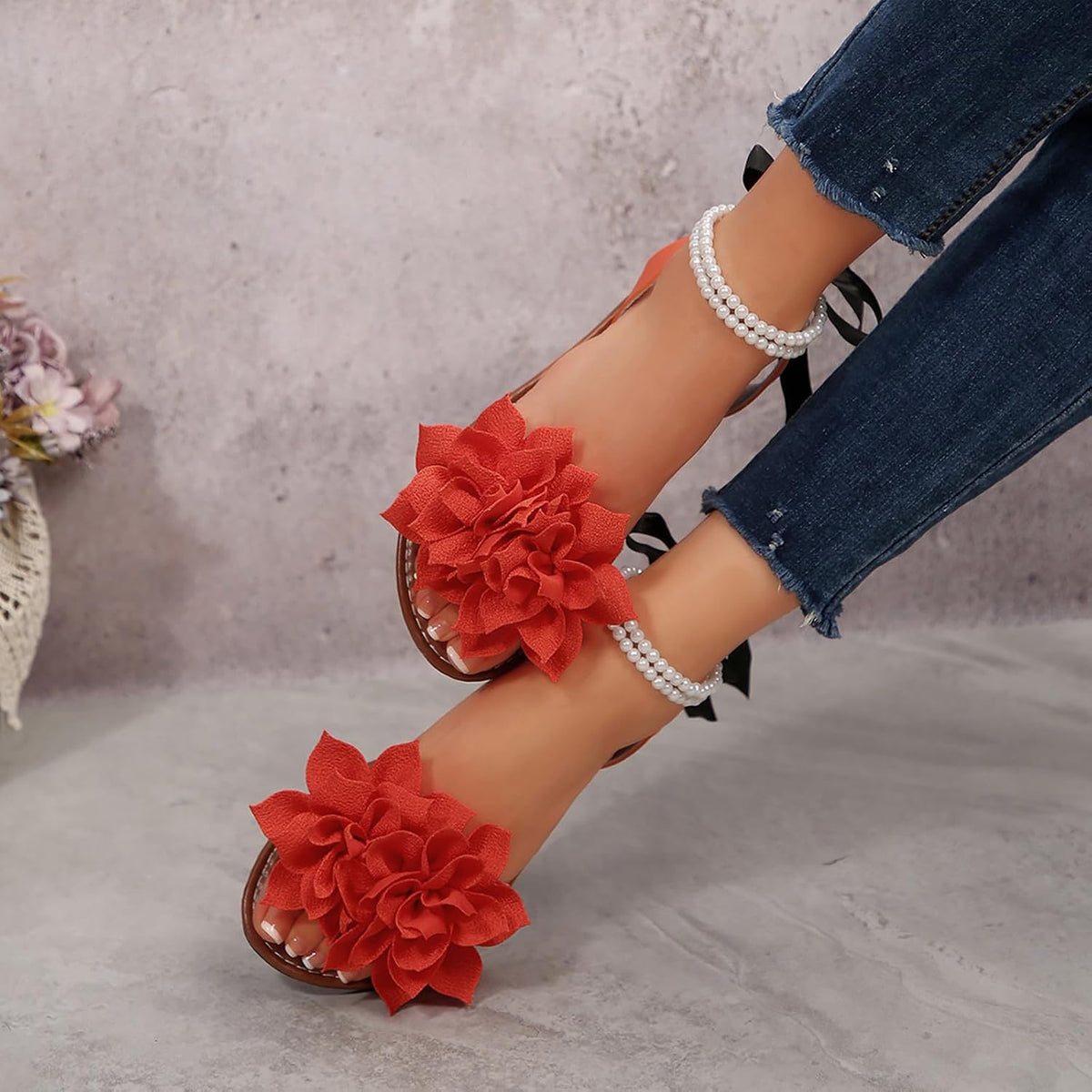 Floral Pearl-Accent Flat Sandals — view 34