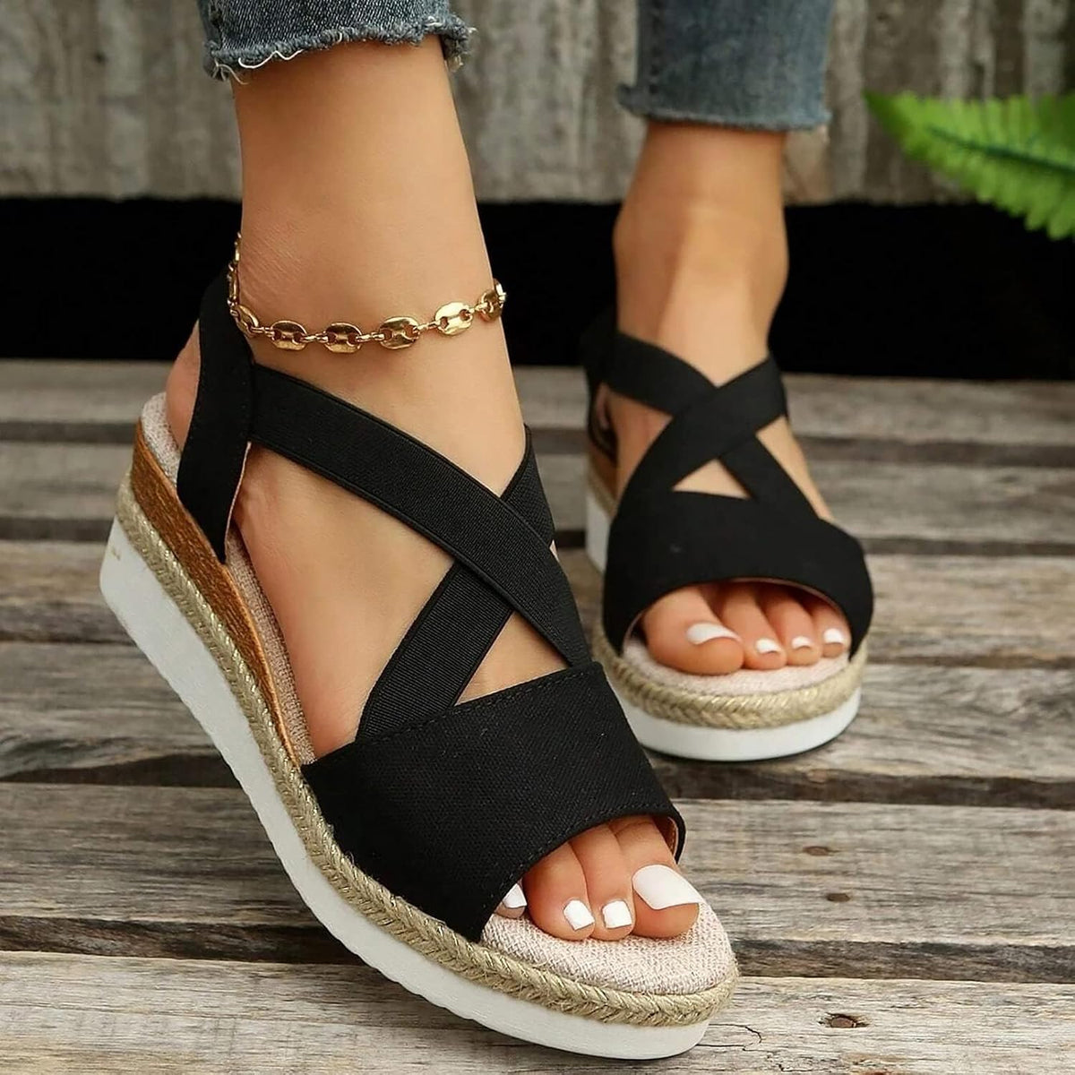Cross-Strap Espadrille Wedge Sandals — view 5