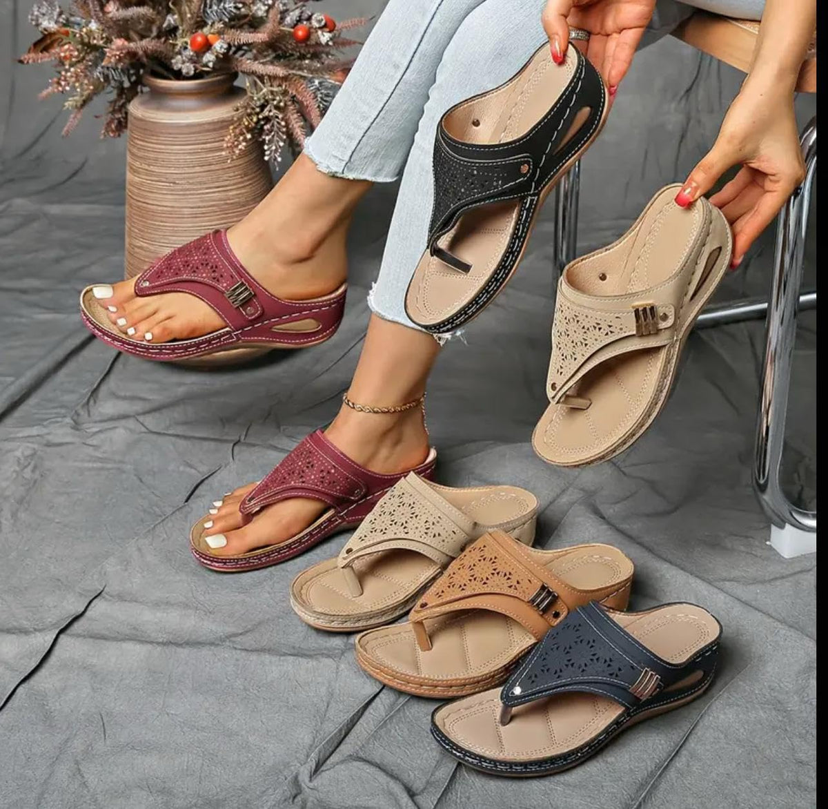 Buckle-Accent Thong Wedge Sandals — view 22