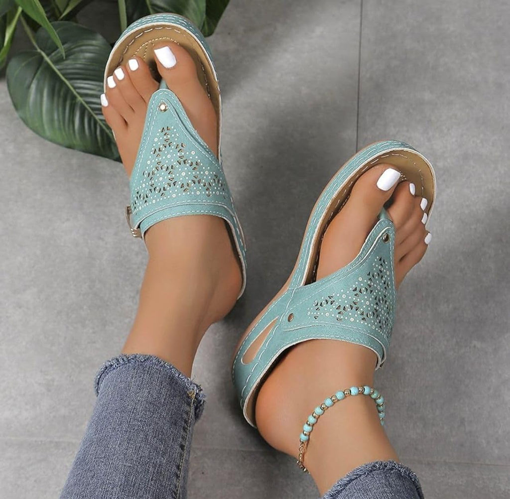 Buckle-Accent Thong Wedge Sandals — view 11