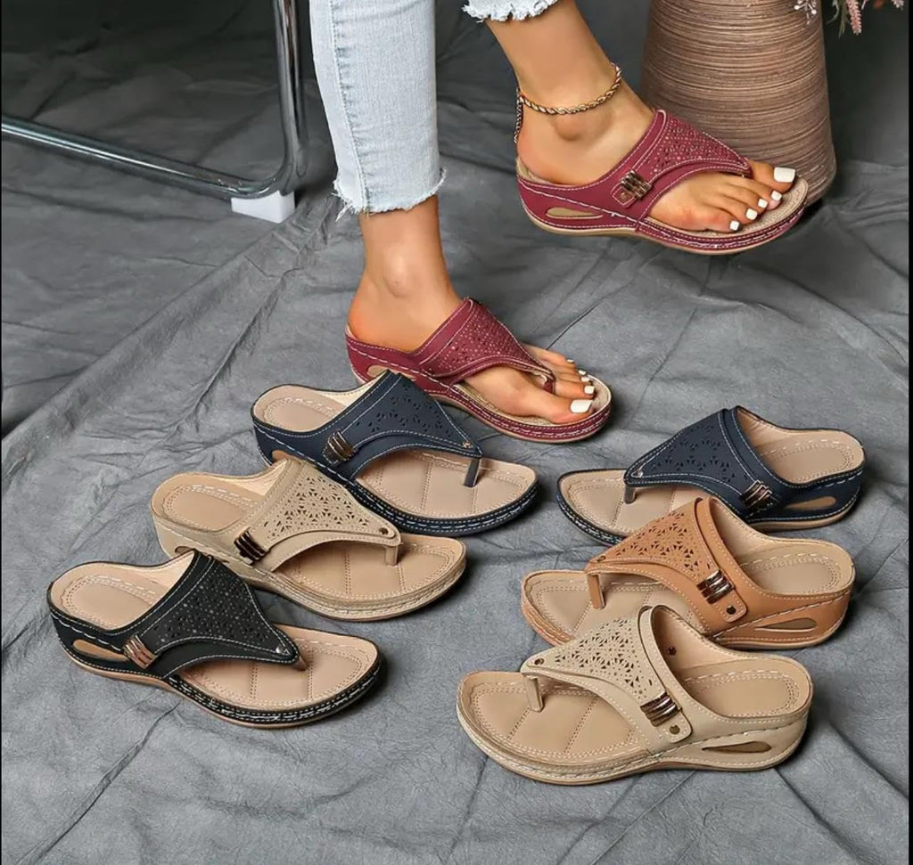 Buckle-Accent Thong Wedge Sandals — view 17