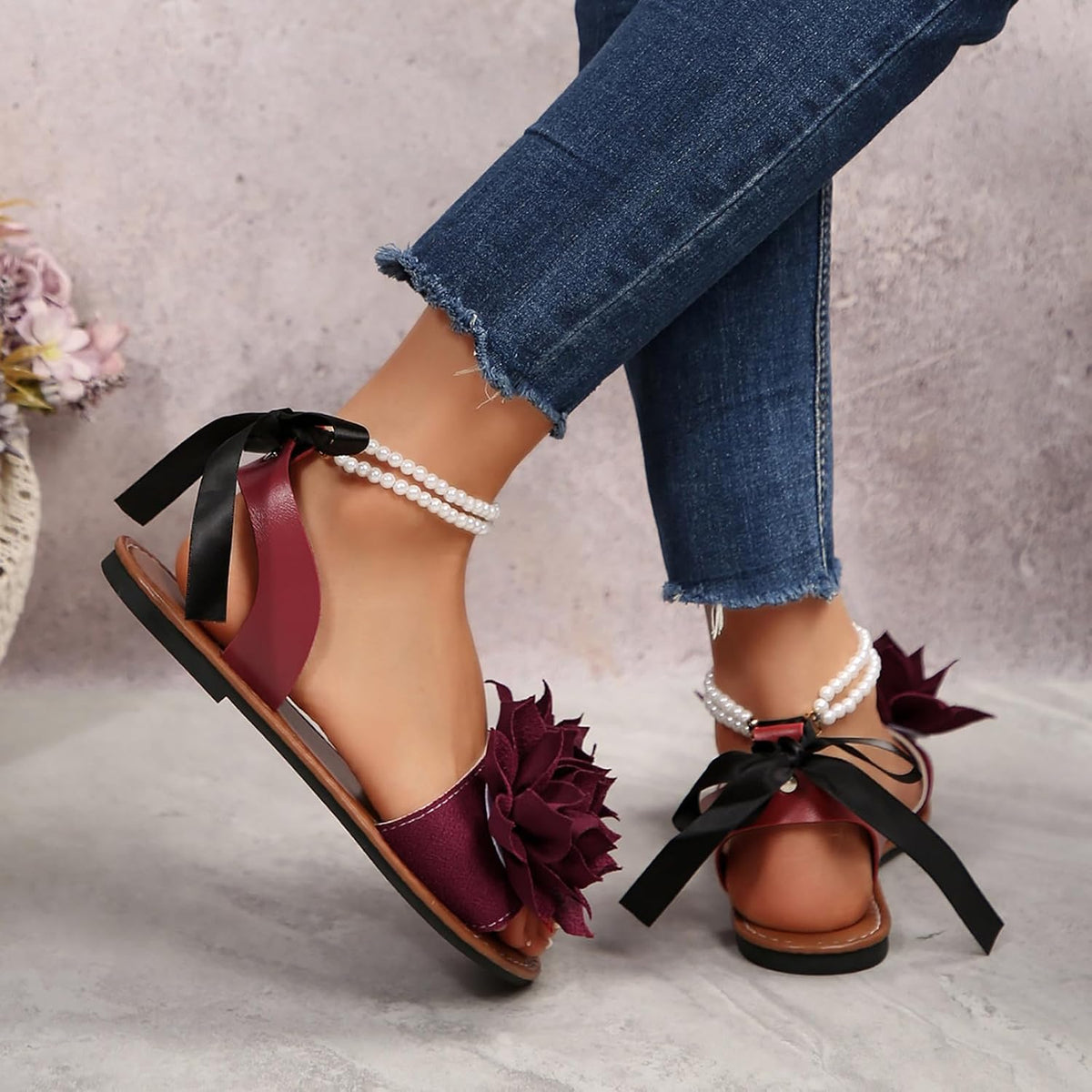 Floral Pearl-Accent Flat Sandals — view 7