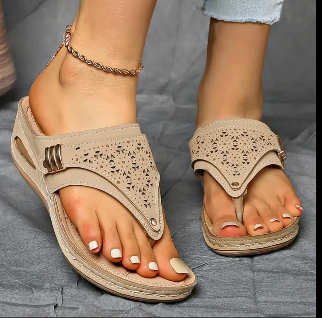 Buckle-Accent Thong Wedge Sandals — view 41
