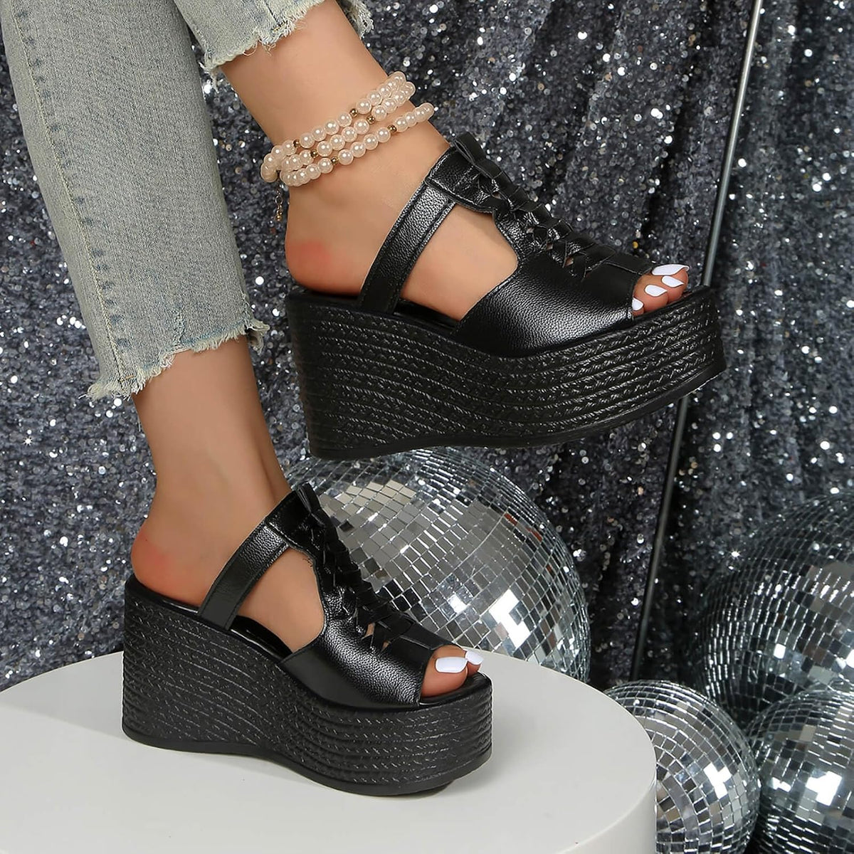 Braided T-Strap Wedge Slide Sandals — view 6