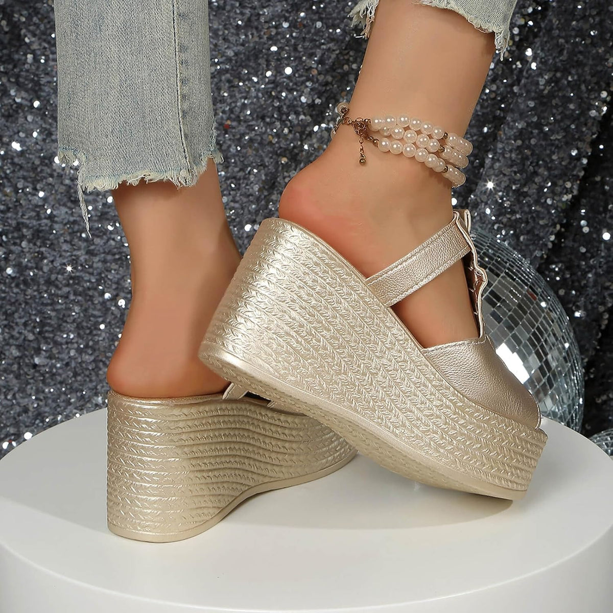 Braided T-Strap Wedge Slide Sandals — view 13