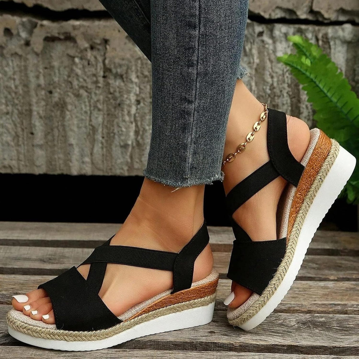 Cross-Strap Espadrille Wedge Sandals — view 4