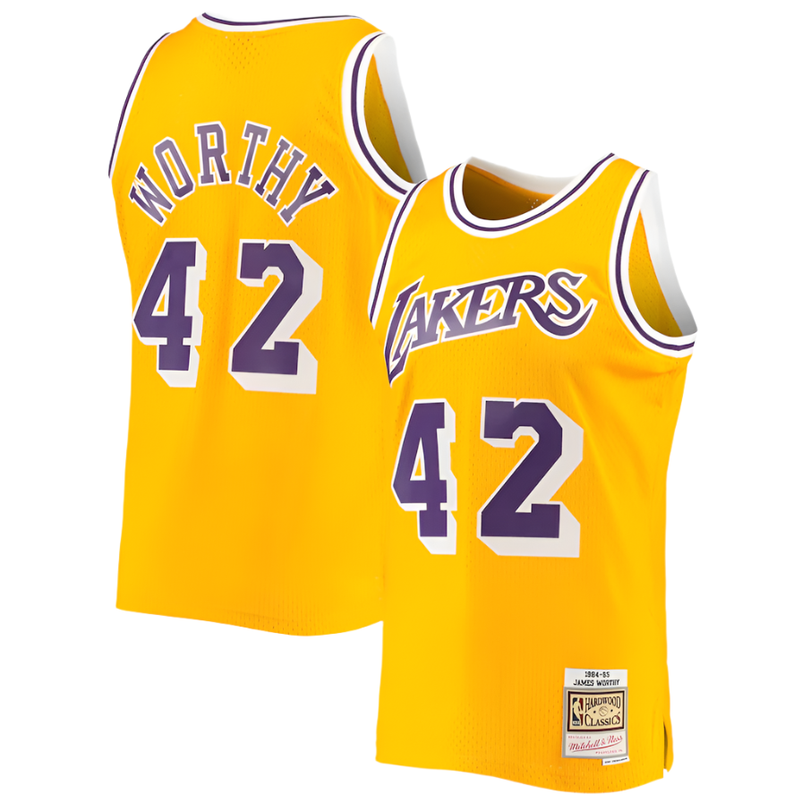 Men's Los Angeles Lakers James Worthy Mitchell & Ness Gold 1984-85 Hardwood Classics Swingman Jersey - image 1