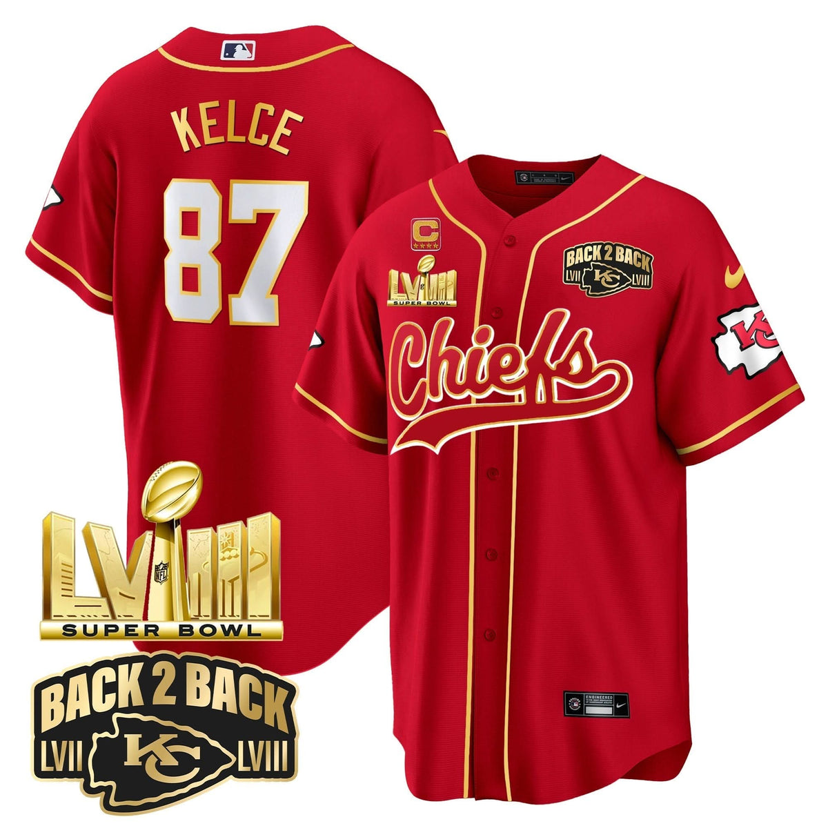 KC Super Bowl LVIII & Back 2 Back Gold Patch Baseball Jersey - All Stitched - image 2