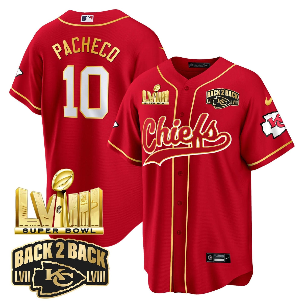 KC Super Bowl LVIII & Back 2 Back Gold Patch Baseball Jersey - All Stitched - image 4