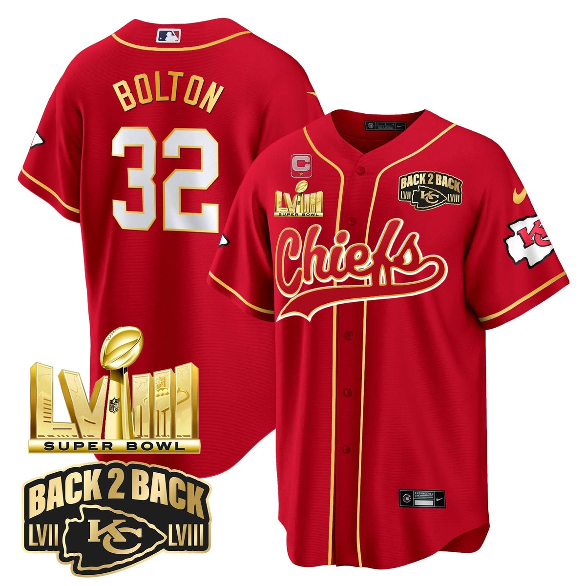 KC Super Bowl LVIII & Back 2 Back Gold Patch Baseball Jersey - All Stitched - image 6