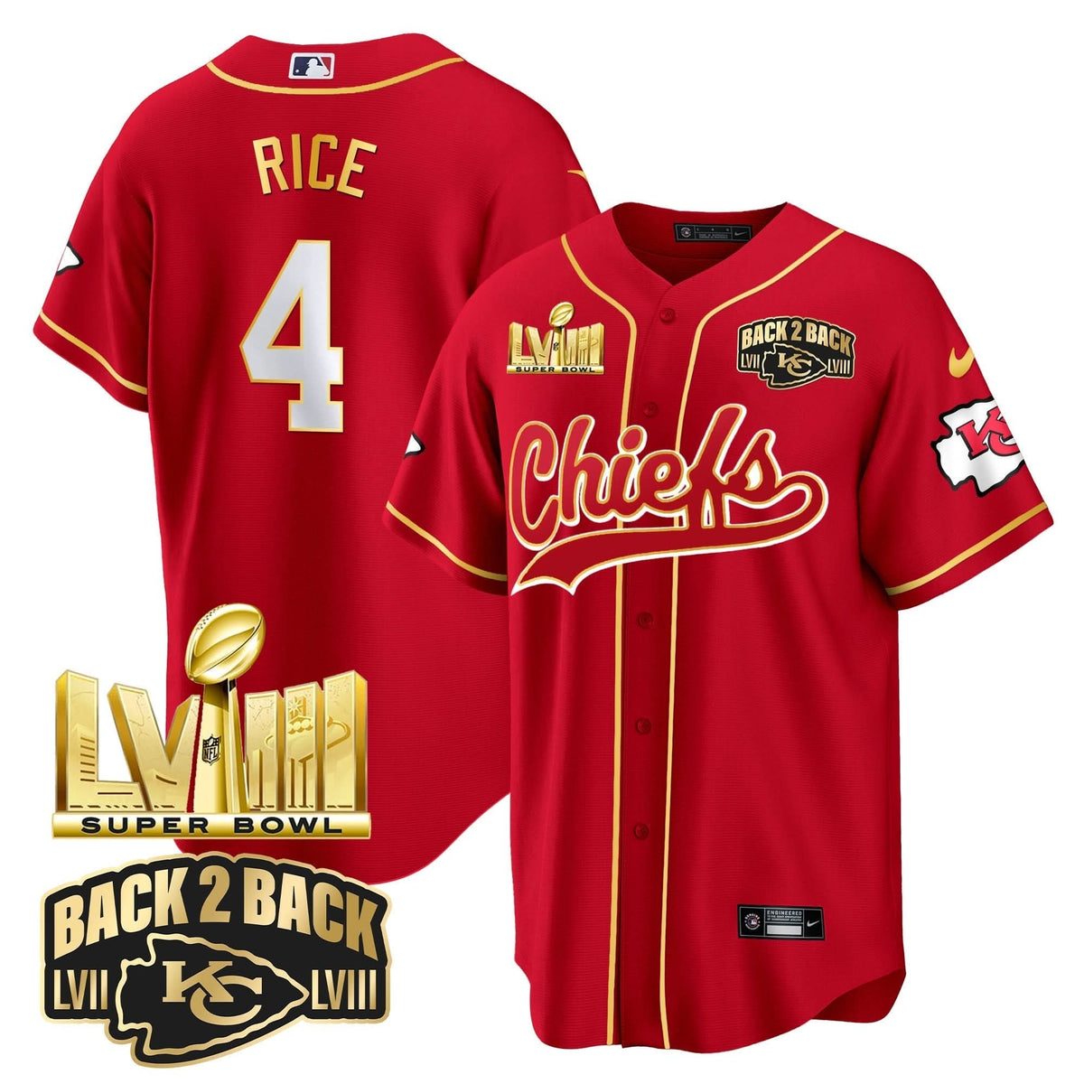 KC Super Bowl LVIII & Back 2 Back Gold Patch Baseball Jersey - All Stitched - image 7