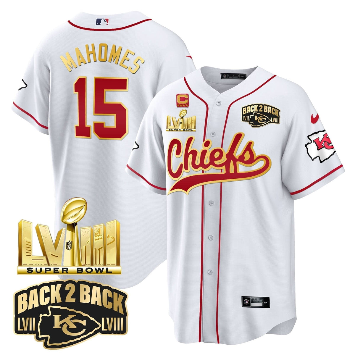 KC Super Bowl LVIII & Back 2 Back Gold Patch Baseball Jersey - All Stitched - image 8