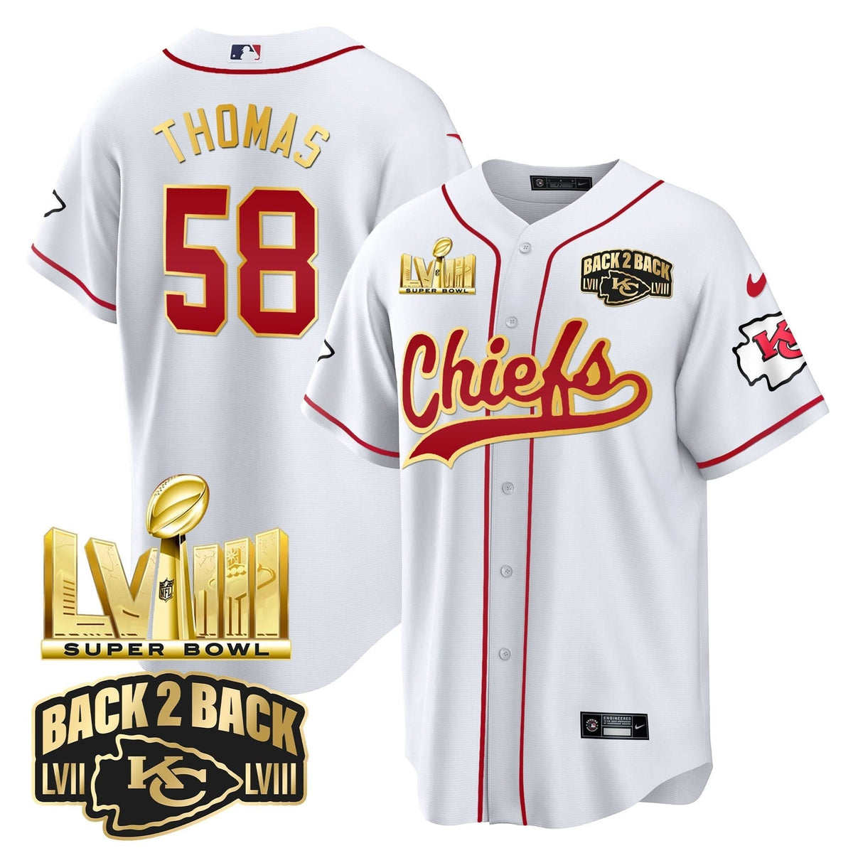 KC Super Bowl LVIII & Back 2 Back Gold Patch Baseball Jersey - All Stitched - image 10