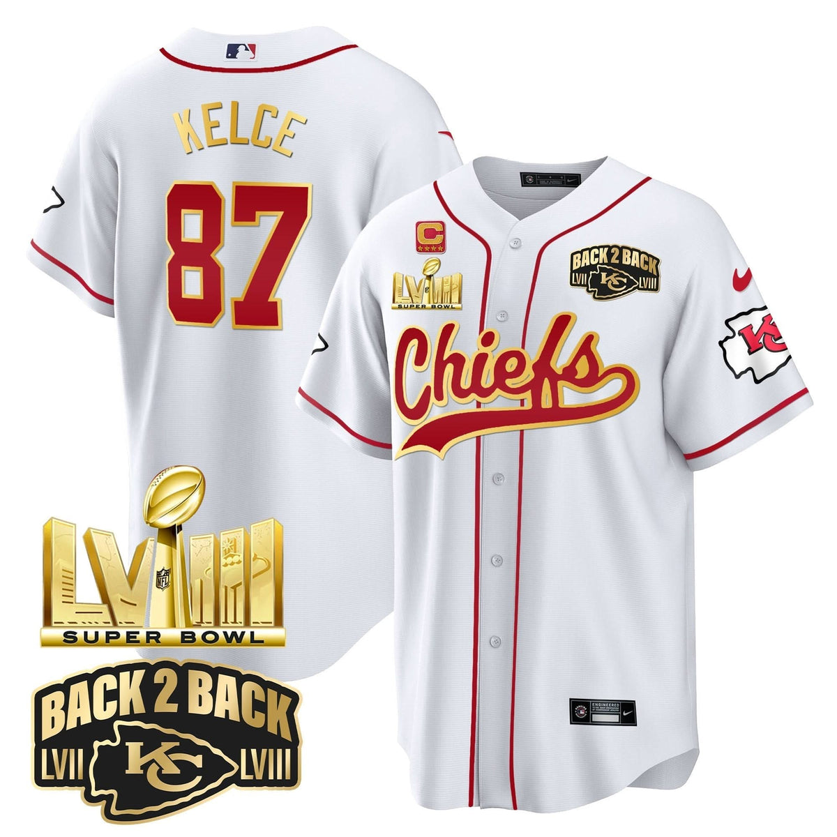 KC Super Bowl LVIII & Back 2 Back Gold Patch Baseball Jersey - All Stitched - image 9