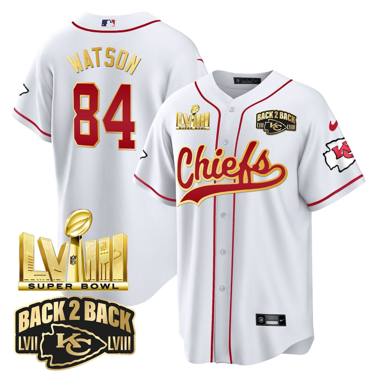 KC Super Bowl LVIII & Back 2 Back Gold Patch Baseball Jersey - All Stitched - image 12