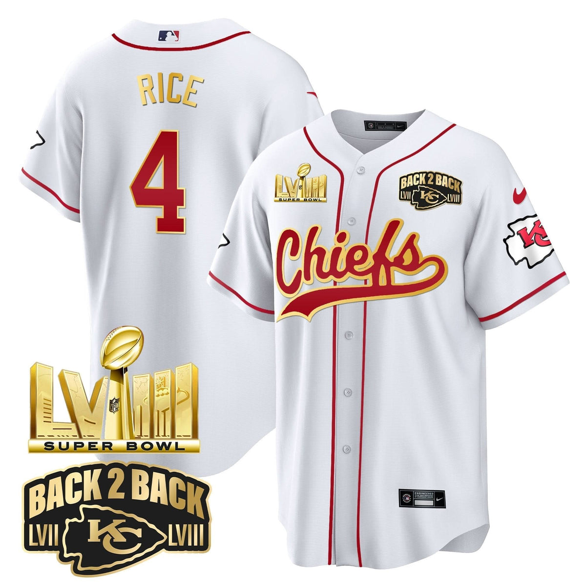 KC Super Bowl LVIII & Back 2 Back Gold Patch Baseball Jersey - All Stitched - image 14