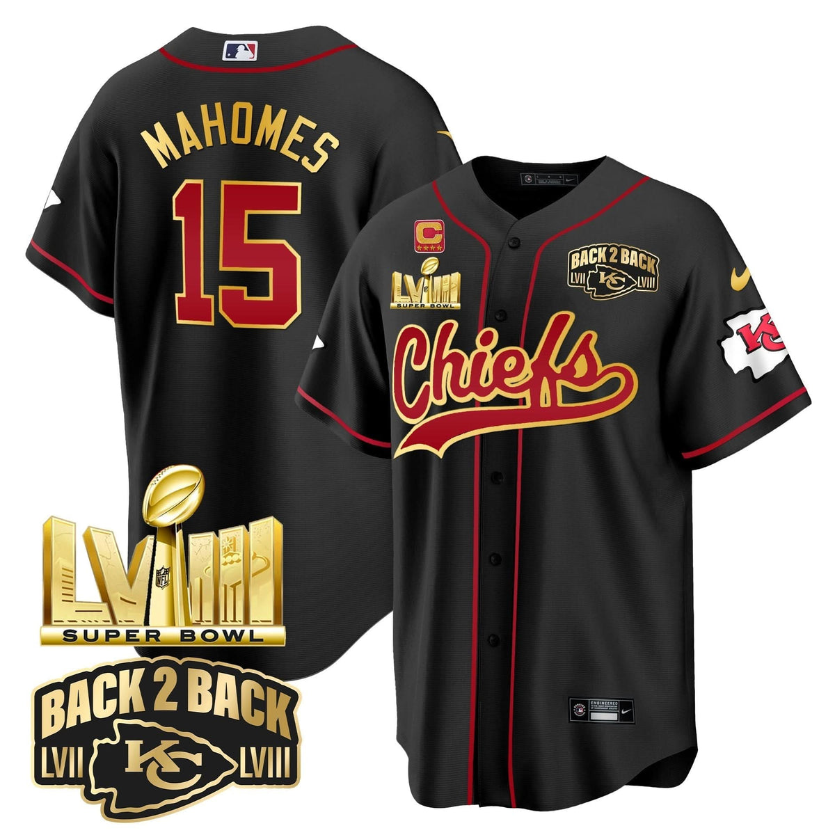 KC Super Bowl LVIII & Back 2 Back Gold Patch Baseball Jersey - All Stitched - image 15