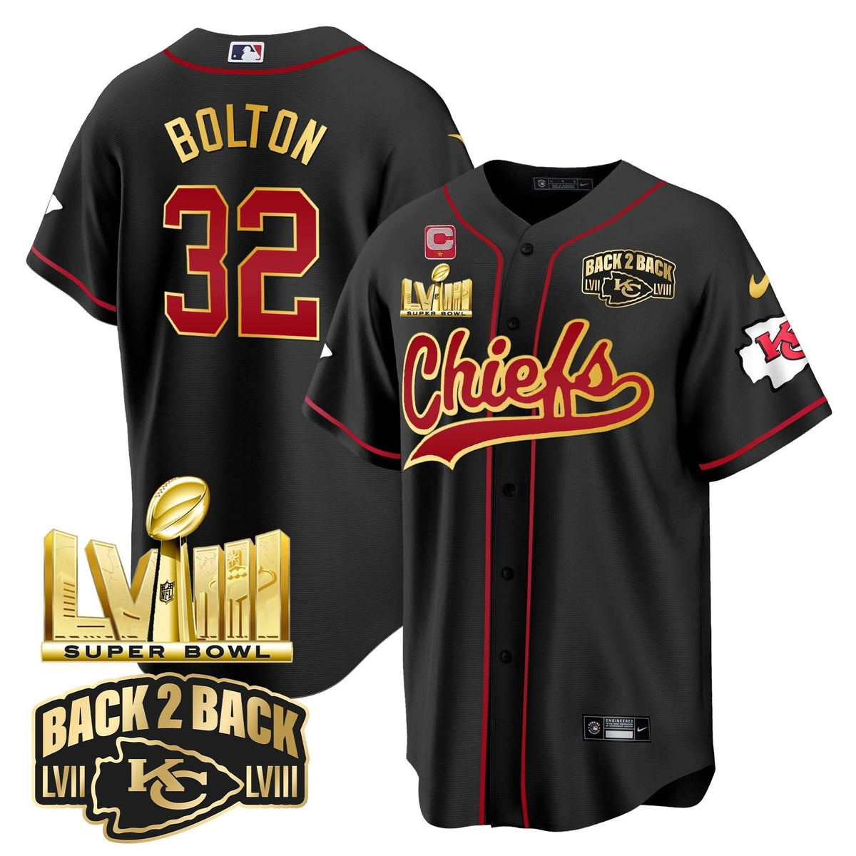 KC Super Bowl LVIII & Back 2 Back Gold Patch Baseball Jersey - All Stitched - image 20