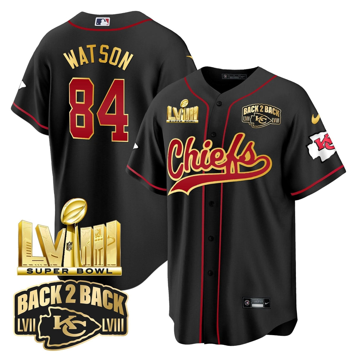KC Super Bowl LVIII & Back 2 Back Gold Patch Baseball Jersey - All Stitched - image 19