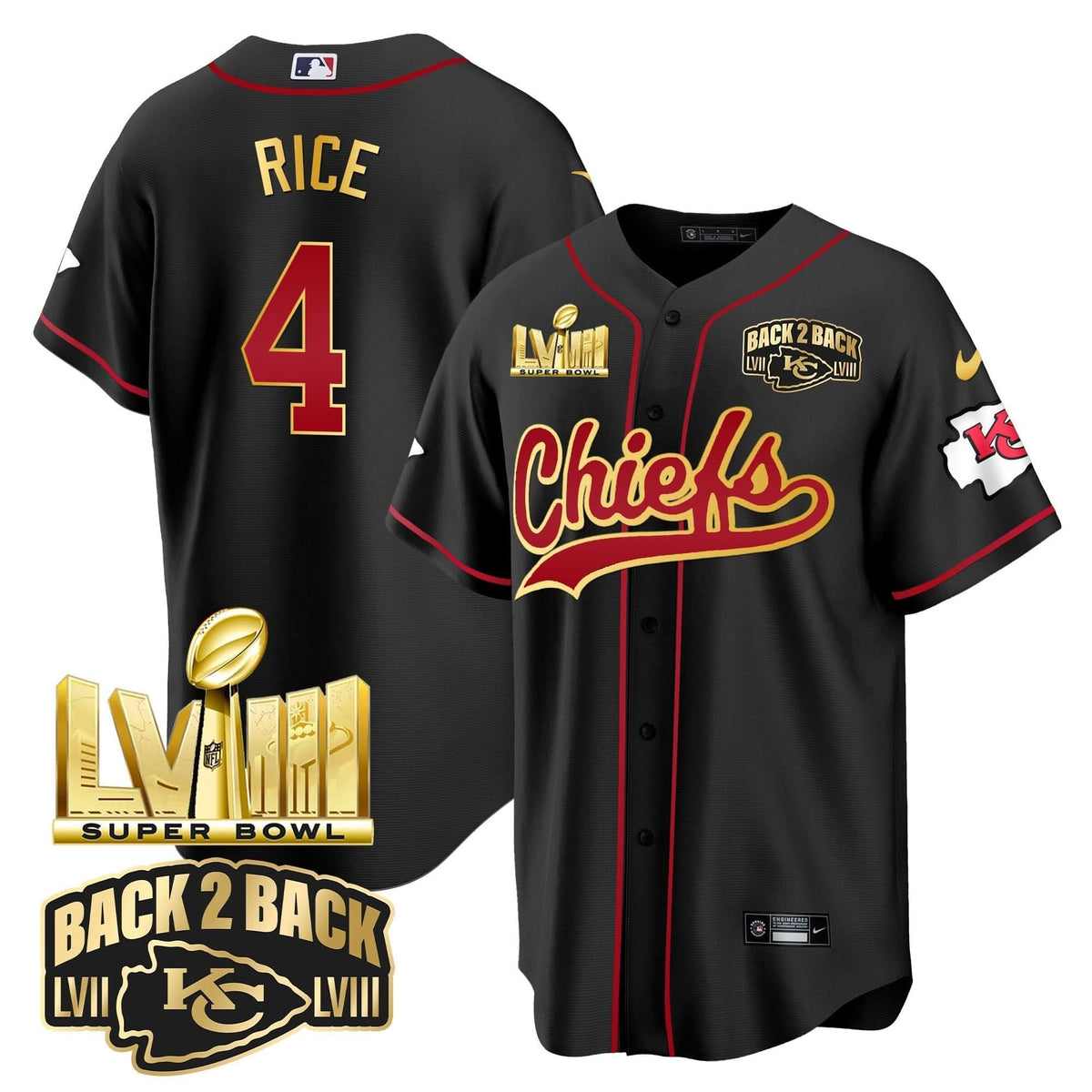 KC Super Bowl LVIII & Back 2 Back Gold Patch Baseball Jersey - All Stitched - image 21