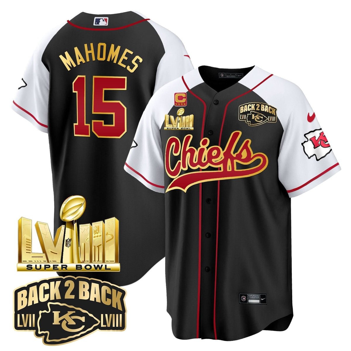 KC Super Bowl LVIII & Back 2 Back Gold Patch Baseball Jersey - All Stitched - image 22