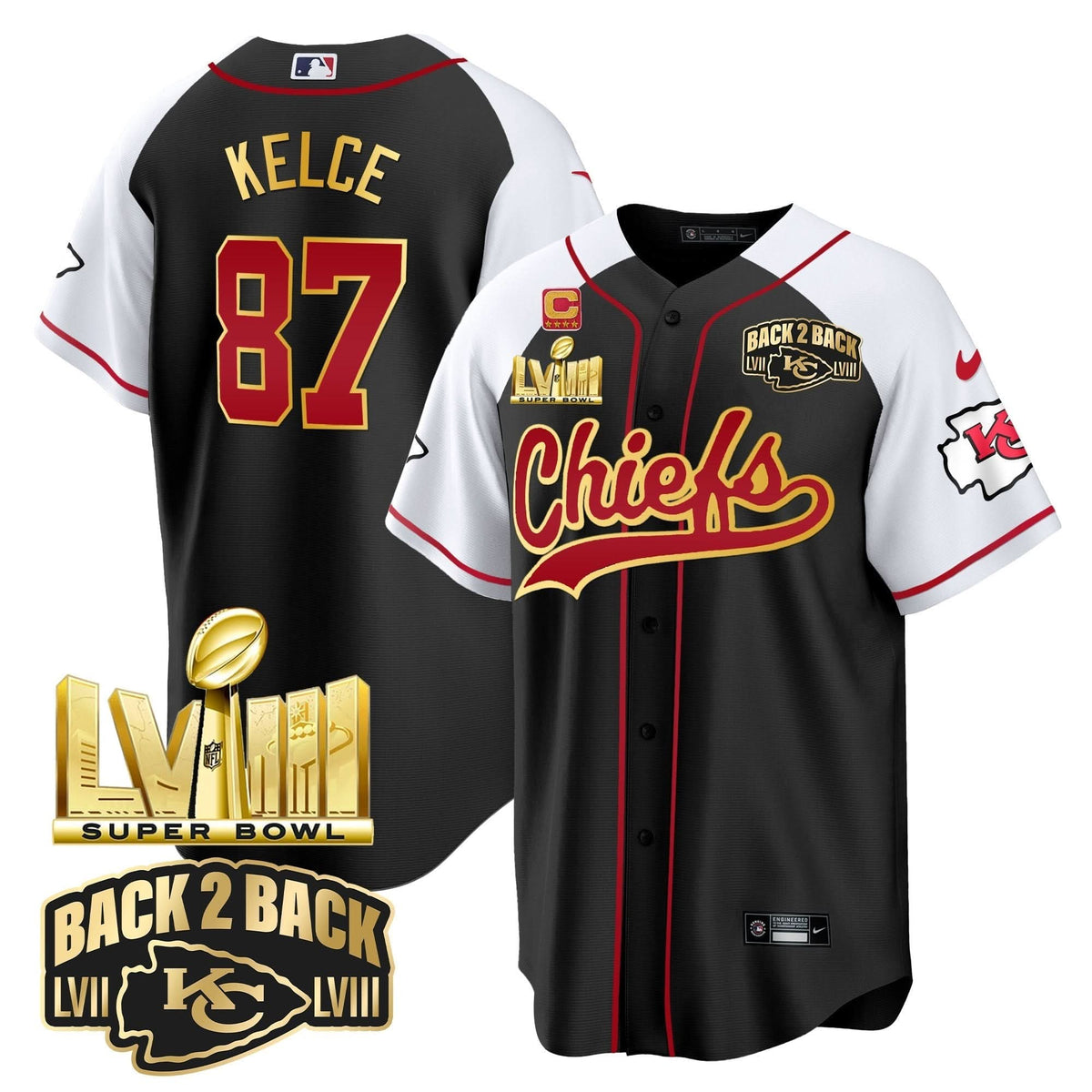 KC Super Bowl LVIII & Back 2 Back Gold Patch Baseball Jersey - All Stitched - image 23