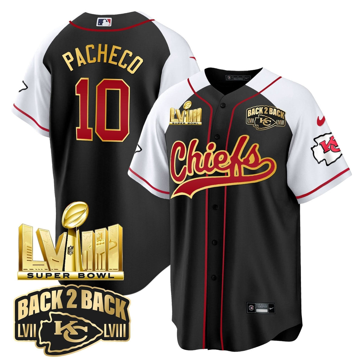 KC Super Bowl LVIII & Back 2 Back Gold Patch Baseball Jersey - All Stitched - image 25