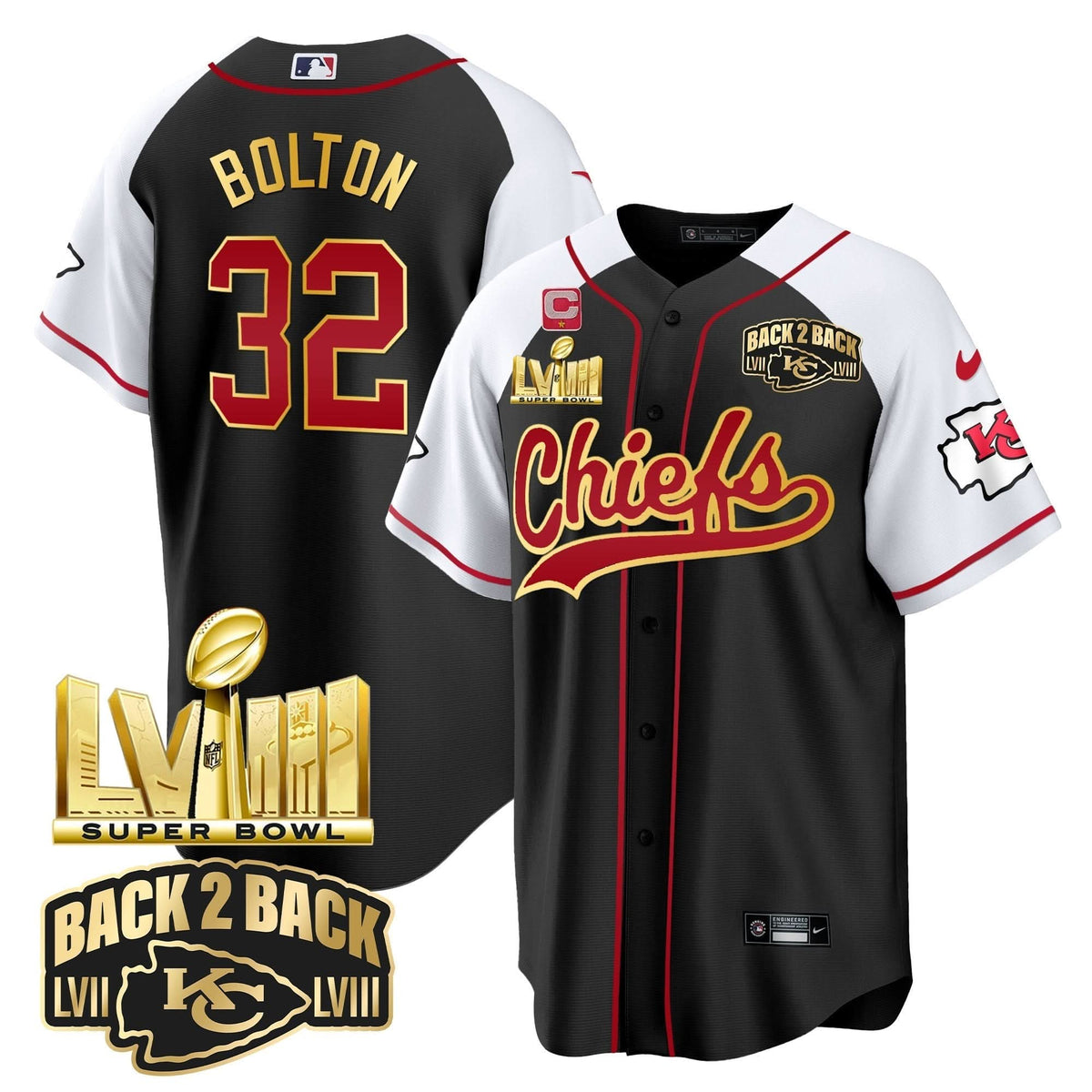 KC Super Bowl LVIII & Back 2 Back Gold Patch Baseball Jersey - All Stitched - image 27