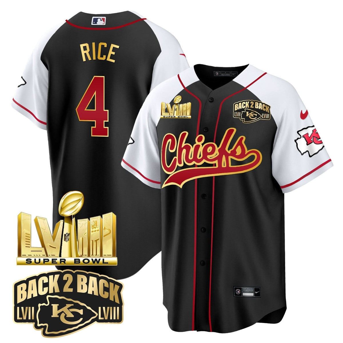 KC Super Bowl LVIII & Back 2 Back Gold Patch Baseball Jersey - All Stitched - image 28