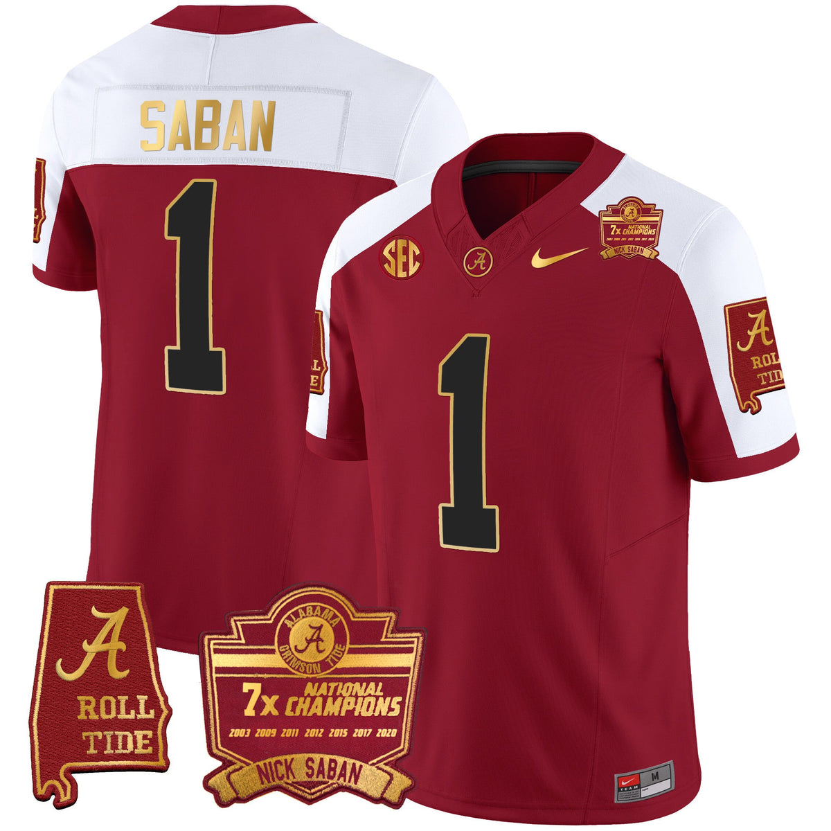 Men's Alabama Crimson Tide Nick Saban 7x Champions Patch Gold Trim Jersey - All Stitched - image 9