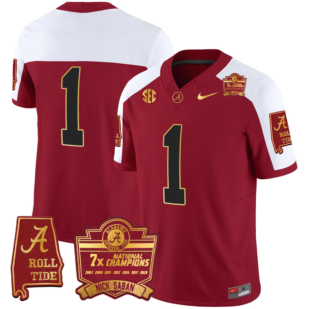 Men's Alabama Crimson Tide Nick Saban 7x Champions Patch Gold Trim Jersey - All Stitched - image 16
