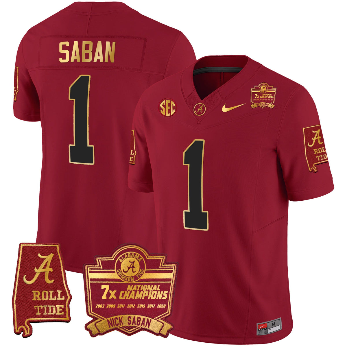 Men's Alabama Crimson Tide Nick Saban 7x Champions Patch Gold Trim Jersey - All Stitched - image 17