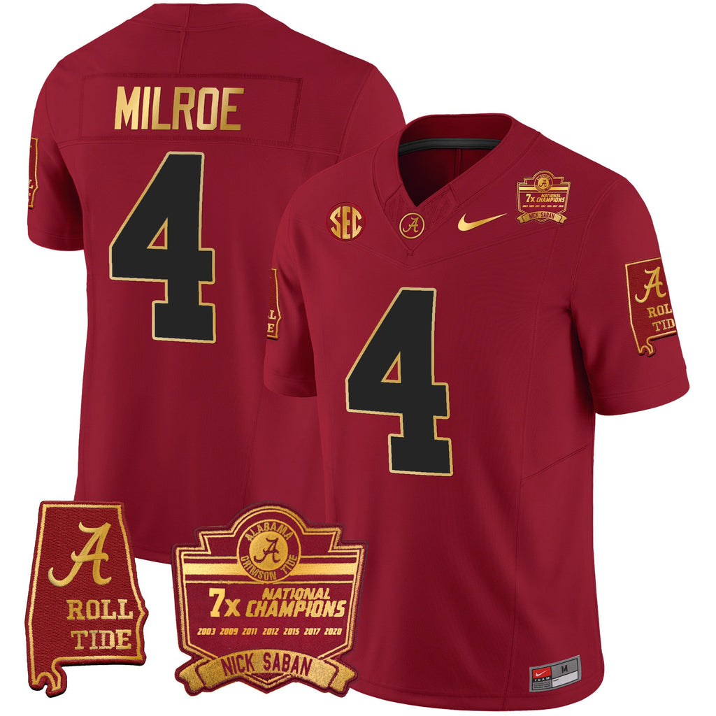 Men's Alabama Crimson Tide Nick Saban 7x Champions Patch Gold Trim Jersey - All Stitched - image 18