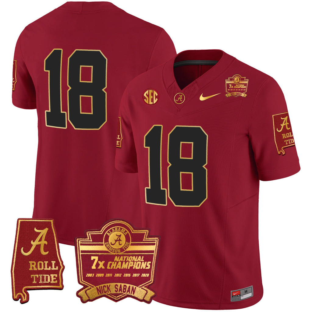 Men's Alabama Crimson Tide Nick Saban 7x Champions Patch Gold Trim Jersey - All Stitched - image 23