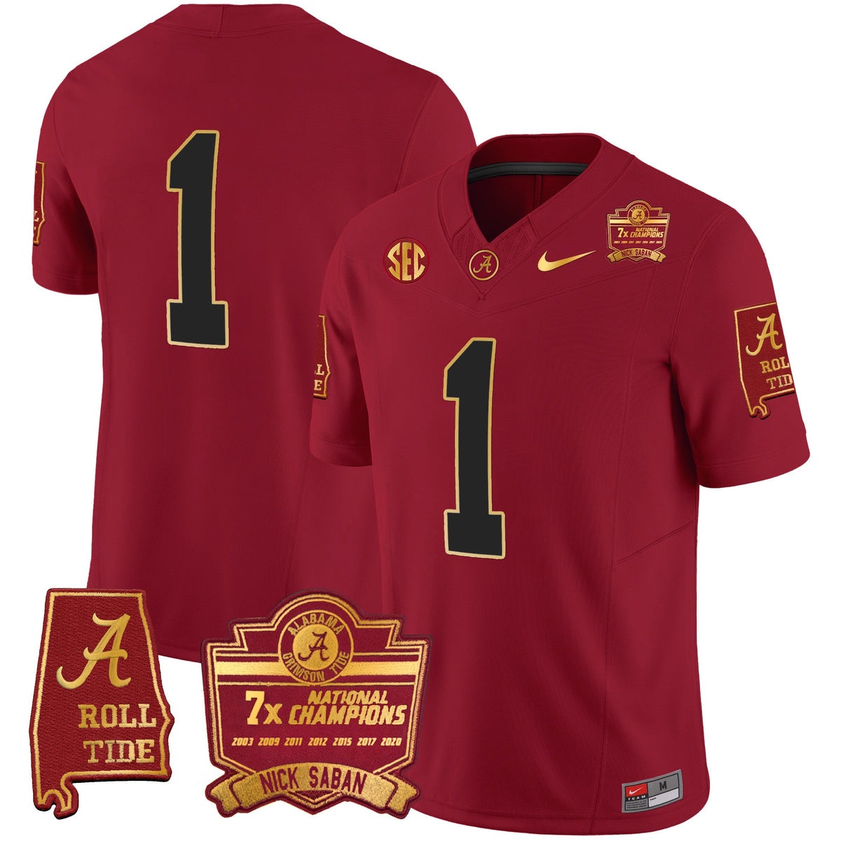 Men's Alabama Crimson Tide Nick Saban 7x Champions Patch Gold Trim Jersey - All Stitched - image 24