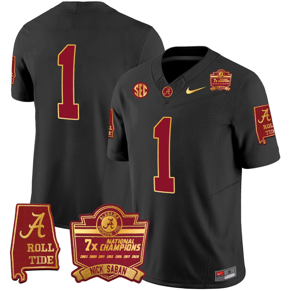 Men's Alabama Crimson Tide Nick Saban 7x Champions Patch Gold Trim Jersey - All Stitched - image 32