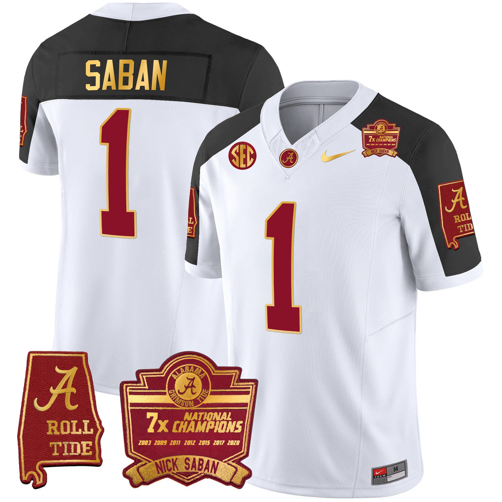 Men's Alabama Crimson Tide Nick Saban 7x Champions Patch Gold Trim Jersey - All Stitched - image 41
