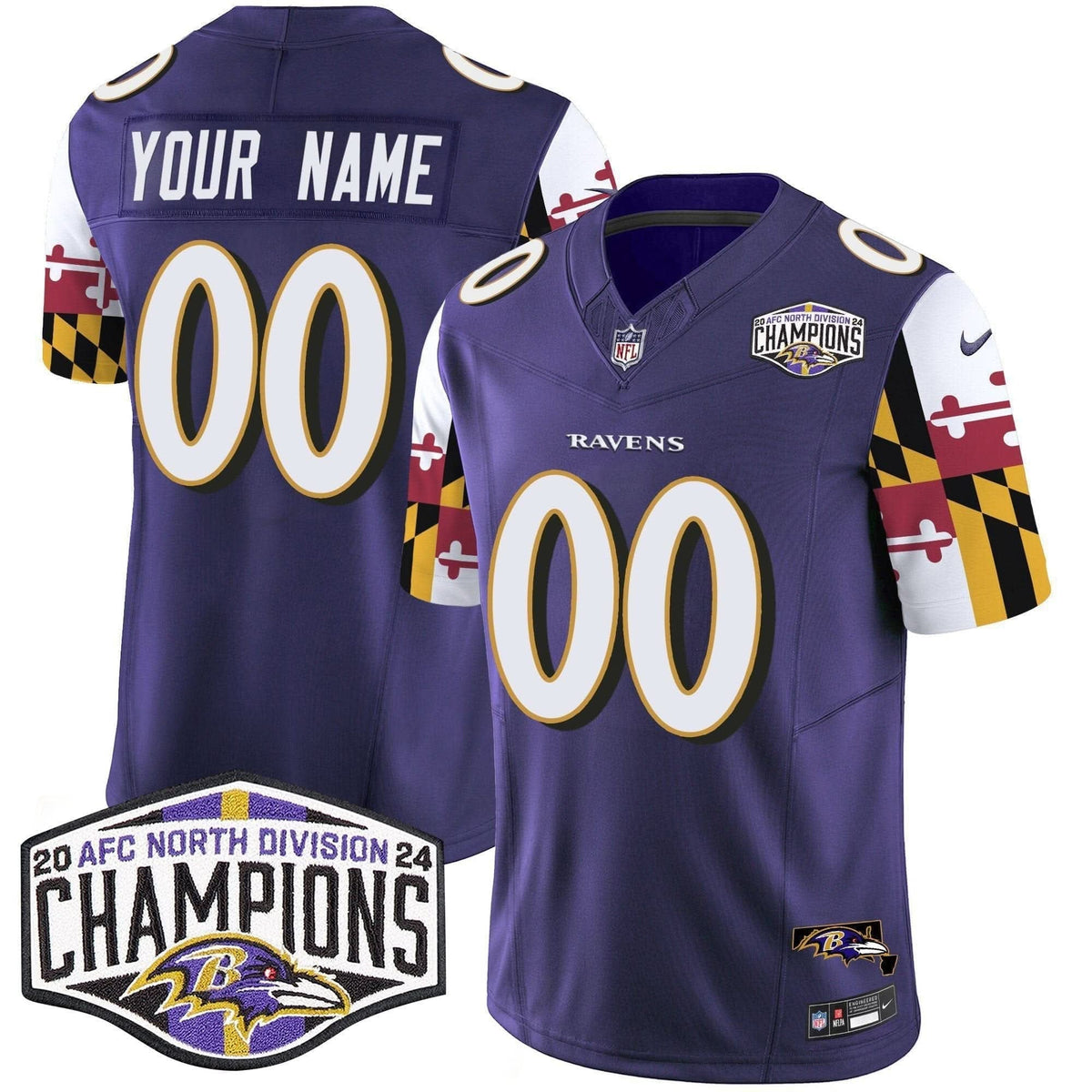 Ravens Maryland Flag 2024 AFC North Division Champions Patch Vapor Limited Custom Jersey - All Stitched - image 1