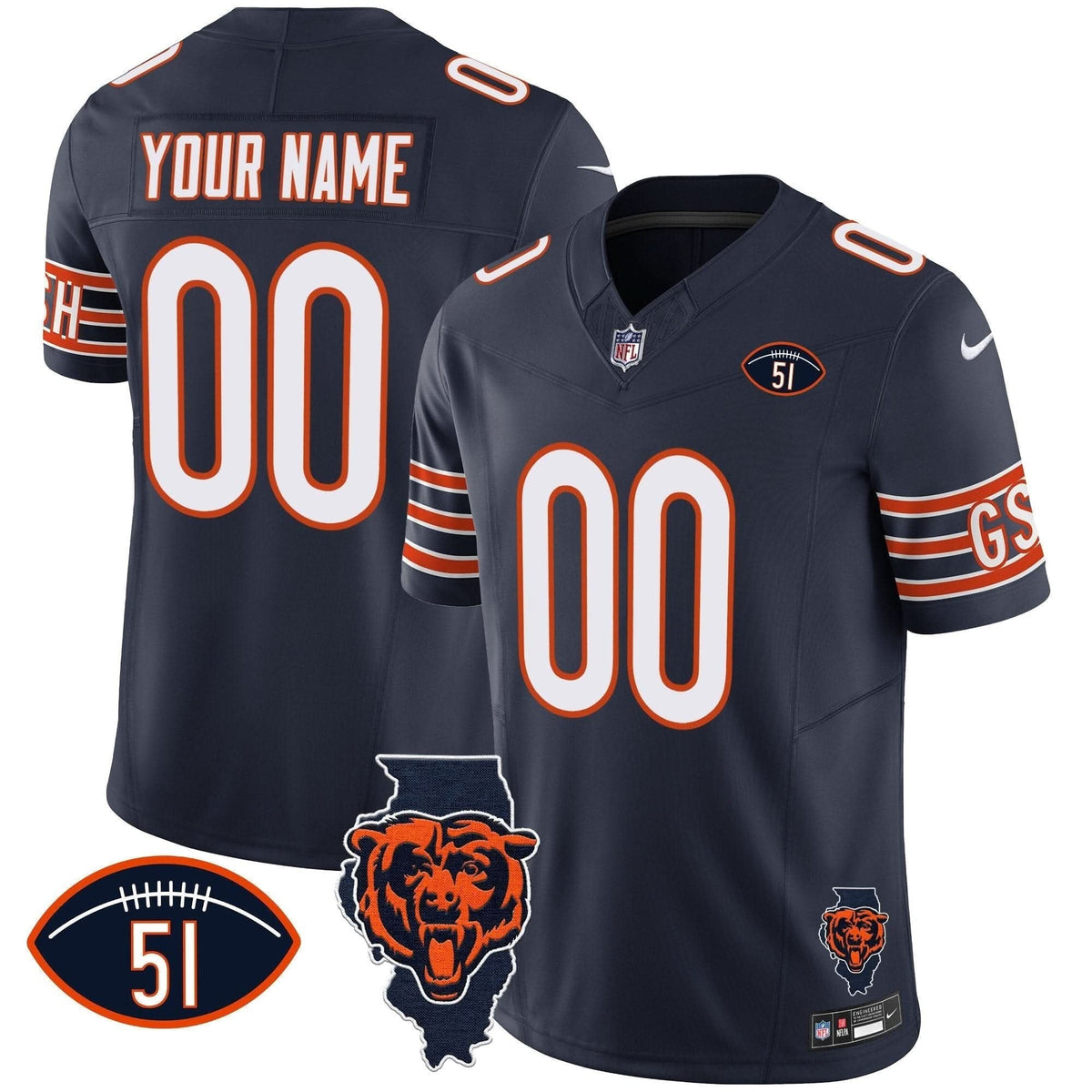 Bears Illinois Patch Vapor Custom Jersey - All Stitched - image 2