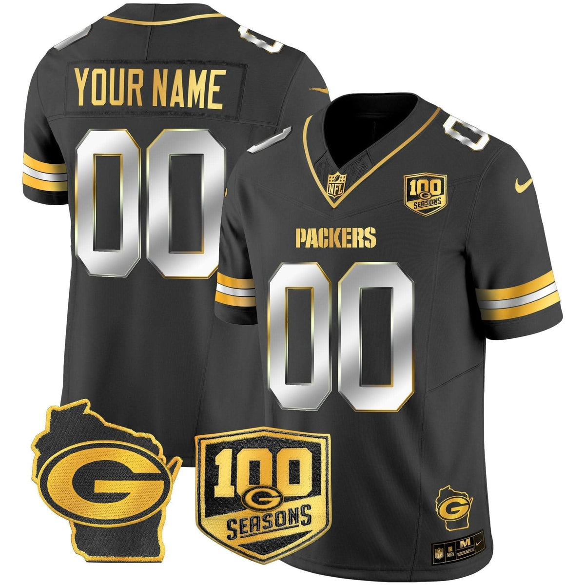 Packers 100th Season & Home Patch Gold Vapor Limited Custom Jersey - All Stitched - image 2