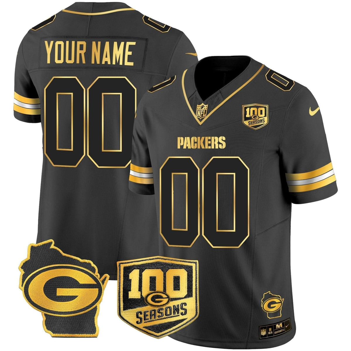 Packers 100th Season & Home Patch Gold Vapor Limited Custom Jersey - All Stitched - image 3