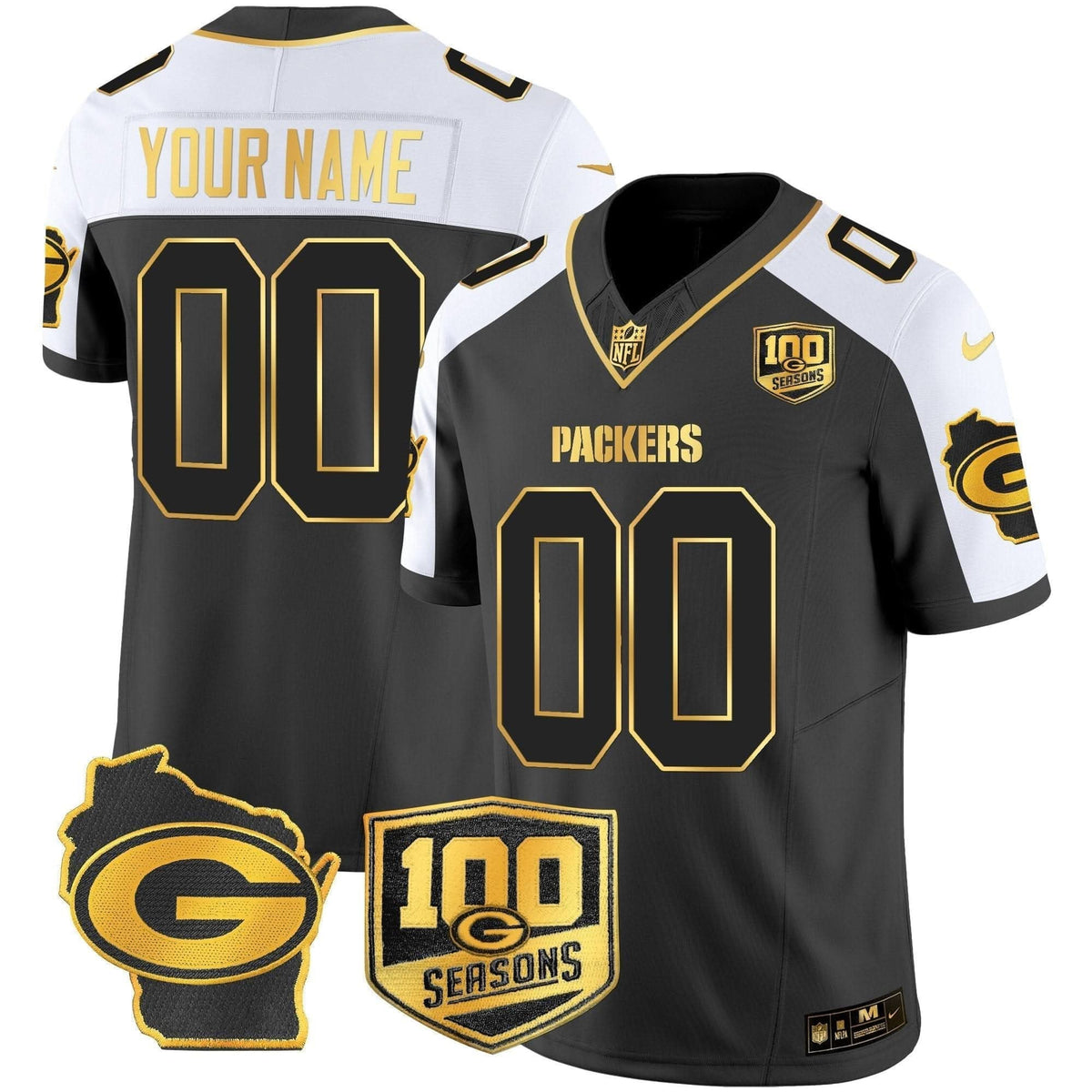 Packers 100th Season & Home Patch Gold Vapor Limited Custom Jersey - All Stitched - image 1